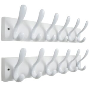 HONSKY Wall Coat Rack, 43cm Wooden Coat Hanger with 6 Double Hooks,Wall Coat Hook,Towel Rack Hanging Coat,Towel,Bag for Entryway, Hallway, Bedroom, Living Room,White Base/White Hook,(2 Pack)