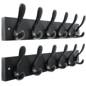 HONSKY Wall Coat Rack, 43cm Wooden Coat Hanger with 6 Double Hooks,Wall Coat Hook,Towel Rack Hanging Coat,Towel,Bag for Entryway, Hallway, Bedroom, Living Room,Black Base/Black Hook,(2 Pack)