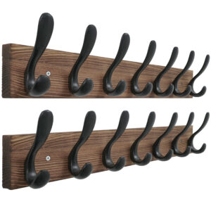 HONSKY Wall Coat Rack, 53cm Wooden Coat Hanger with 7 Double Hooks,Wall Coat Hook,Towel Rack Hanging Coat,Towel,Bag for Entryway, Hallway, Bedroom, Living Room,Brown Base/Black Hook,(2 Pack)