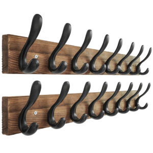 HONSKY Wall Coat Rack, 61cm Wooden Coat Hanger with 8 Double Hooks,Wall Coat Hook,Towel Rack Hanging Coat,Towel,Bag for Entryway, Hallway, Bedroom, Living Room,Black Base/Black Hook,(2 Pack)